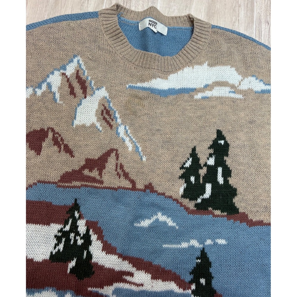 Madden NYC Womens Small Mountain Landscape  Knit Sweater Blue Brown Cropped - Picture 3 of 7